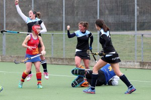 Clifton players celebrate a goal against Univ of Birmingham in the Investec Women's Premier Division on Mar 14 2015. Credit Peter Smith