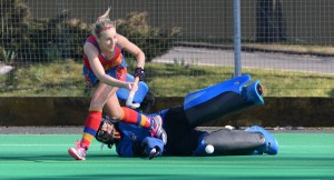 March 7 Investec Women's Premier Division Natalie Hunter gives away a penalty as she tackles Hannah Martin in the Univ of Birmingham v Beeston match Credit Andy Smith.