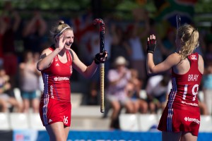 RIO 2016 Olympic qualification, Hockey, Women, quarterfinal, 21 Great Britain vs South Africa (QF1) : Lily Oswley happy after the end of the match, congratulates Sophie Bray