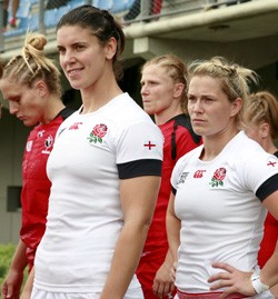 Sarah Hunter, Rachael Burford and Claire Allan line up ready to go on the pitch. England v Canada Pool A match at WRWC 2014 at Centre National de Rugby, Marcoussis, France, on 9th August 2014