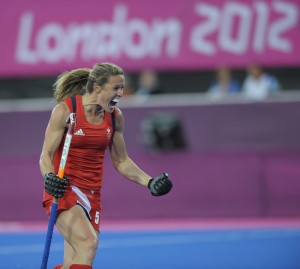 Great Britain's Crista Cullen celebrates scoring the 3rd goal against Belgium during the London 2012 Olympic hockey tournament, at the Riverbank Arena, Olympic Park, Stratford, East London, 2nd August 2012.