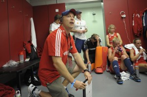 England' Womenm's team interim head coach Danny Kerry takles the half time team talk during their Investec London Cup game at the Lee Valley Hockey and Tennis Centre, Queen Elizabeth Park, Stratford, east London, 12th July 2014.