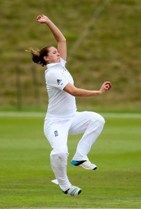 HIGH WYCOMBE, ENGLAND - AUGUST 15: Kate Cross of England in action during day three of Women's test match between England and India at Wormsley Cricket Ground on August 15, 2014 in High Wycombe, England. (Photo by Ben Hoskins/Getty Images)