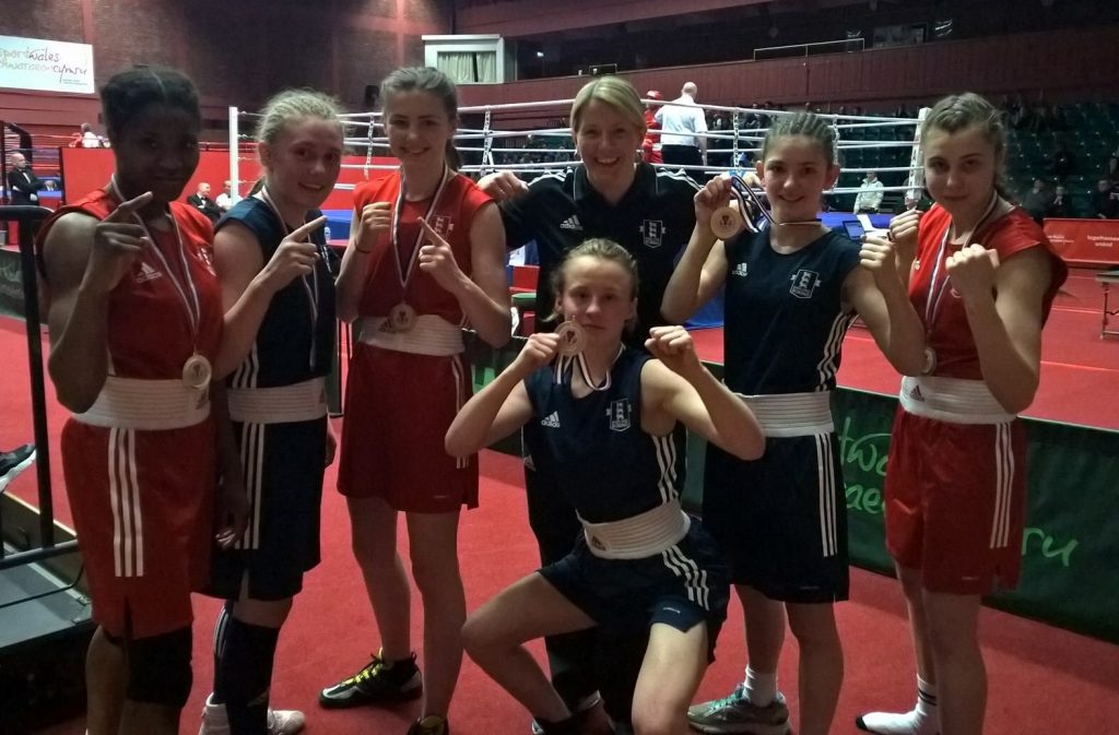 The six Junior and Youth England boxers pose with their gold medals alongside England Coach Amanda Coulson (Centre back) Photo courtesy of Amanda Coulson