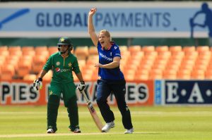 LEICESTER, ENGLAND - JUNE 21: Katherine Brunt of England celebrates the first wicket during the 1st Royal London ODI match between England Women and Pakistan Women at Grace Road Cricket Ground on June 21, 2016 in Leicester, England. (Photo by Stephen Pond/Getty Images) *** Local Caption *** Katherine Brunt