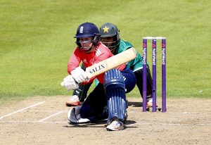 BRISTOL, ENGLAND - JULY 3: Tasmin Beaumont of England scores runs as Sidra Nawaz of Pakistan looks on during the 1st Natwest International T20 played between England Women and Pakistan Women at The County Ground on July 3, 2016 in Bristol, England. (Photo by Julian Herbert/Getty Images)