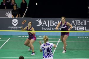 LOUGHBOROUGH, GBR – 28 November 2016 – National Badminton League – Loughborough Lightning’s Chloe Birch & Viki Williams vs Suffolk Saxons’ Sarah Walker & Julie Finne-Ipsen. Match played in the Loughborough University Netball & Badminton Centre (Photo by David Crawford / www.stillsport.com)